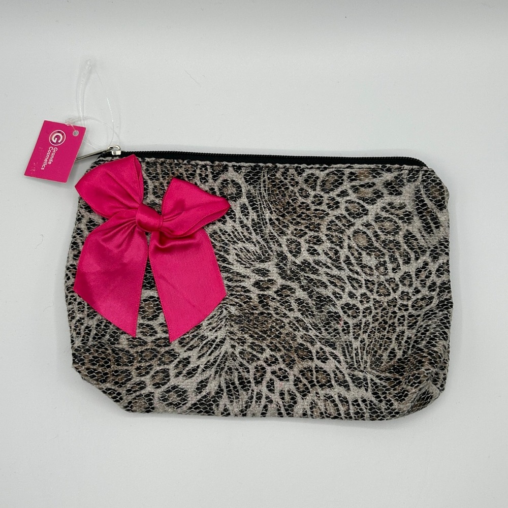 Grande Cosmetics Makeup Bag Gray Leopard Pink Bow‎ Cosmetic Travel Pouch NWT